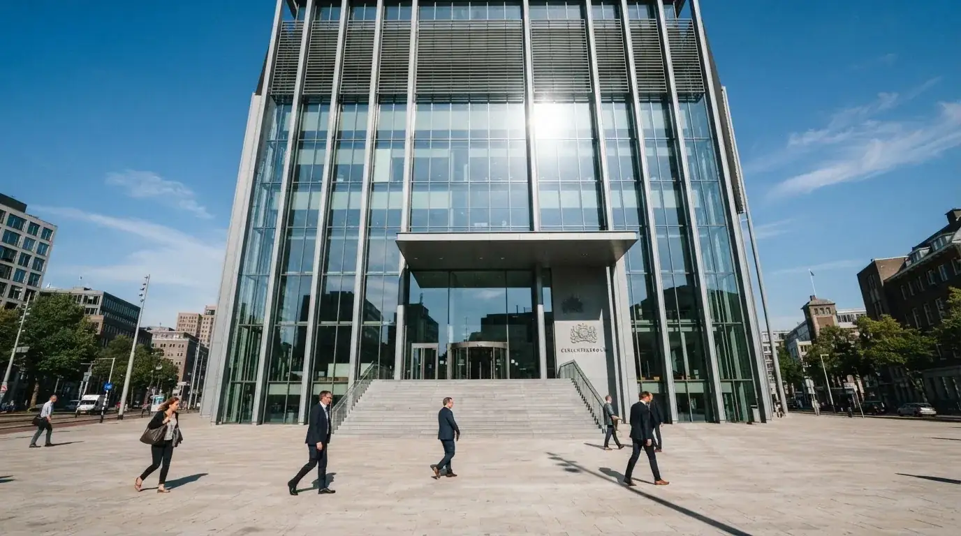 Een moderne rechtbank met grote ramen staat onder een heldere hemel.
