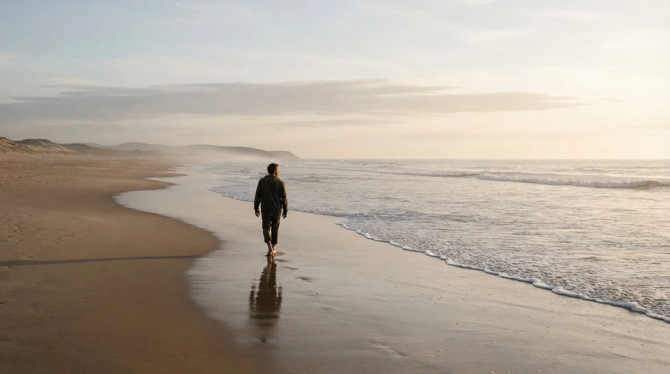 Een man wandelt rustig langs het strand terwijl de golven zachtjes breken.